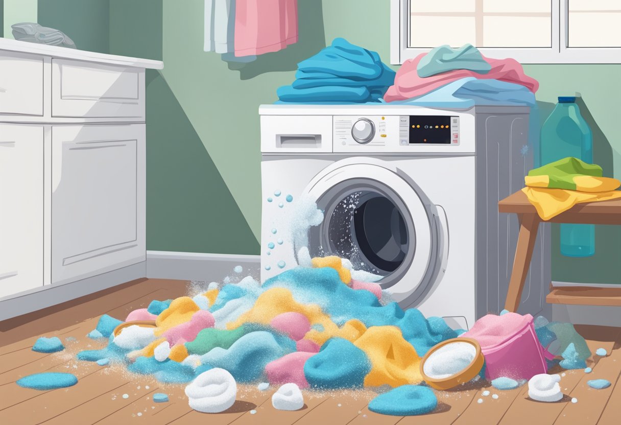A washing machine overflowing with suds, spilling detergent onto the floor. A pile of stained clothes nearby, with someone frantically trying to scrub out the marks