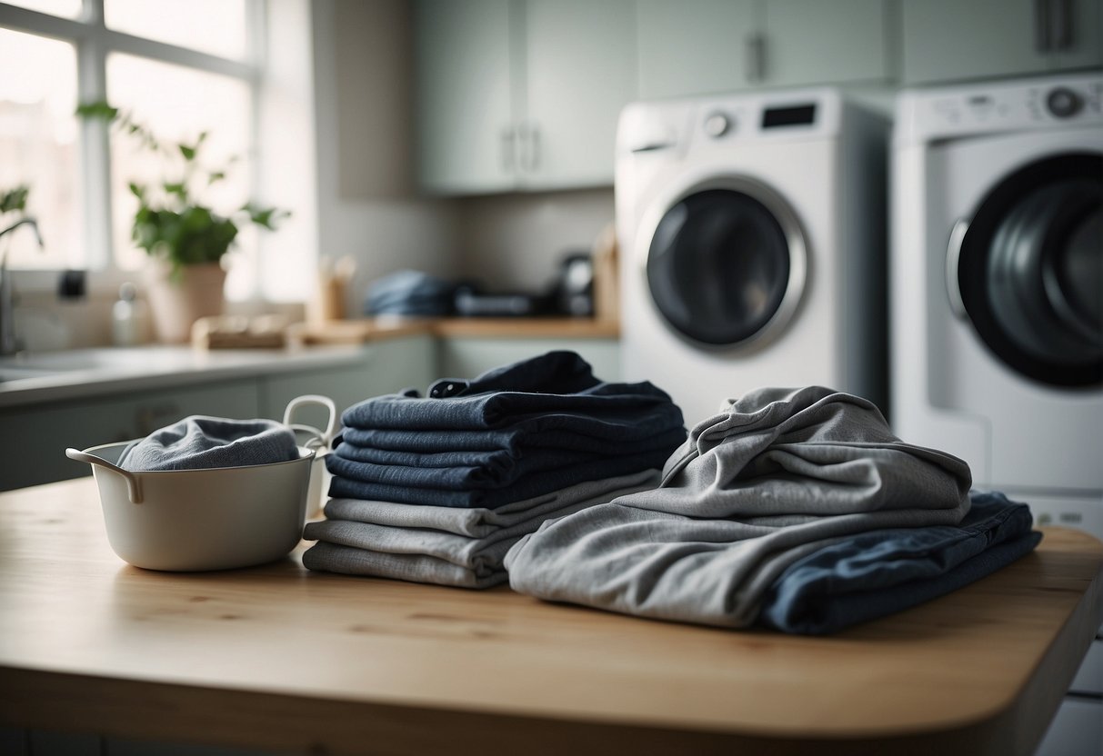 A neatly folded pile of clothes with a steamer and iron nearby, surrounded by a tidy laundry room