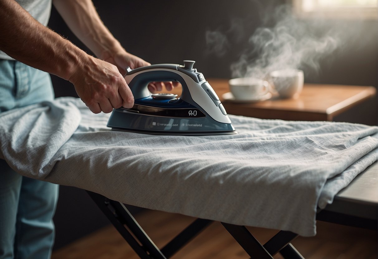 A hand reaching for a wrinkled shirt on an ironing board, with a steaming iron nearby