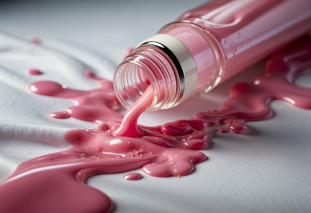 A spilled tube of lip gloss on a white shirt, with a pink, glossy stain spreading across the fabric
