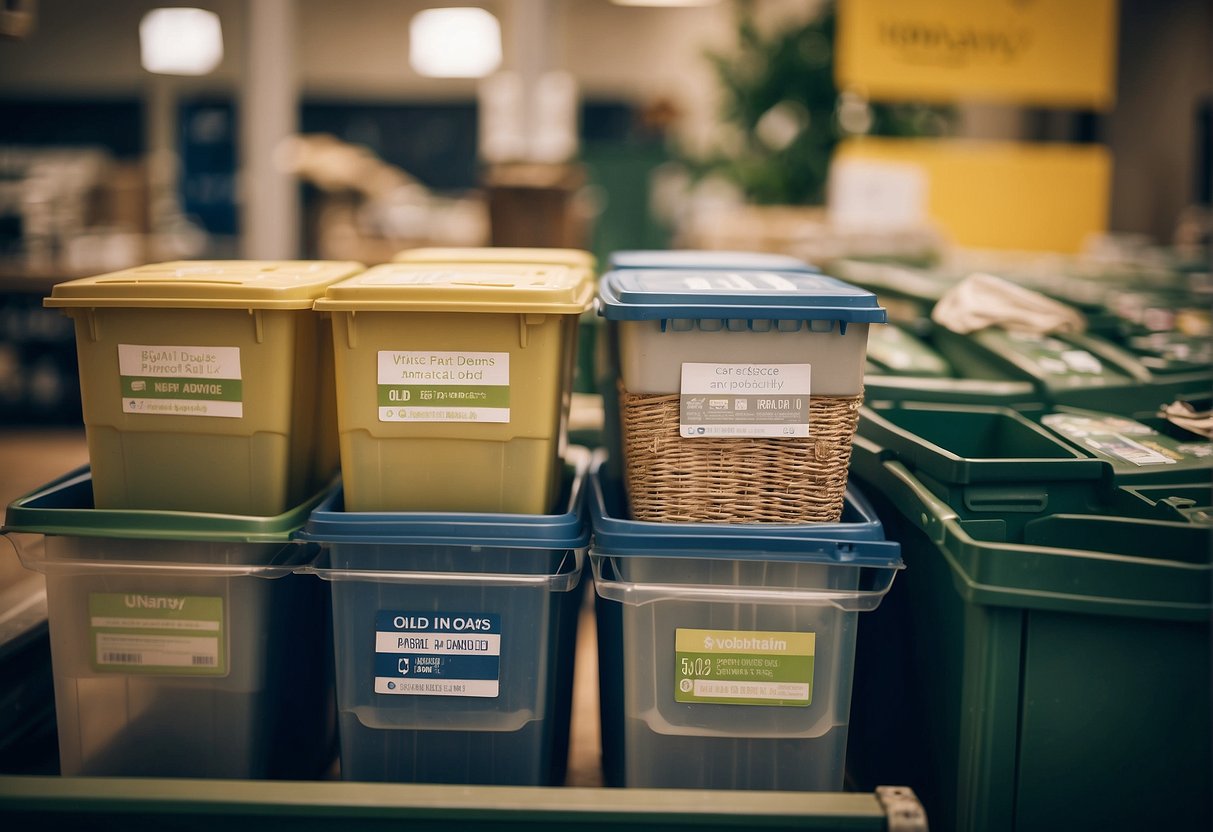 Old Navy's sustainable efforts: recycling bins, eco-friendly materials, and ethical production labels