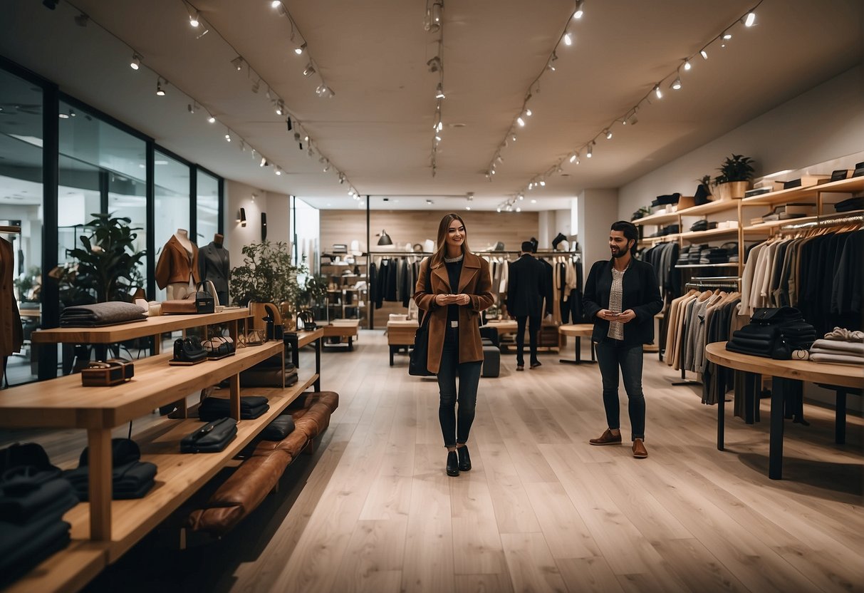 A busy clothing store with trendy displays and customers browsing