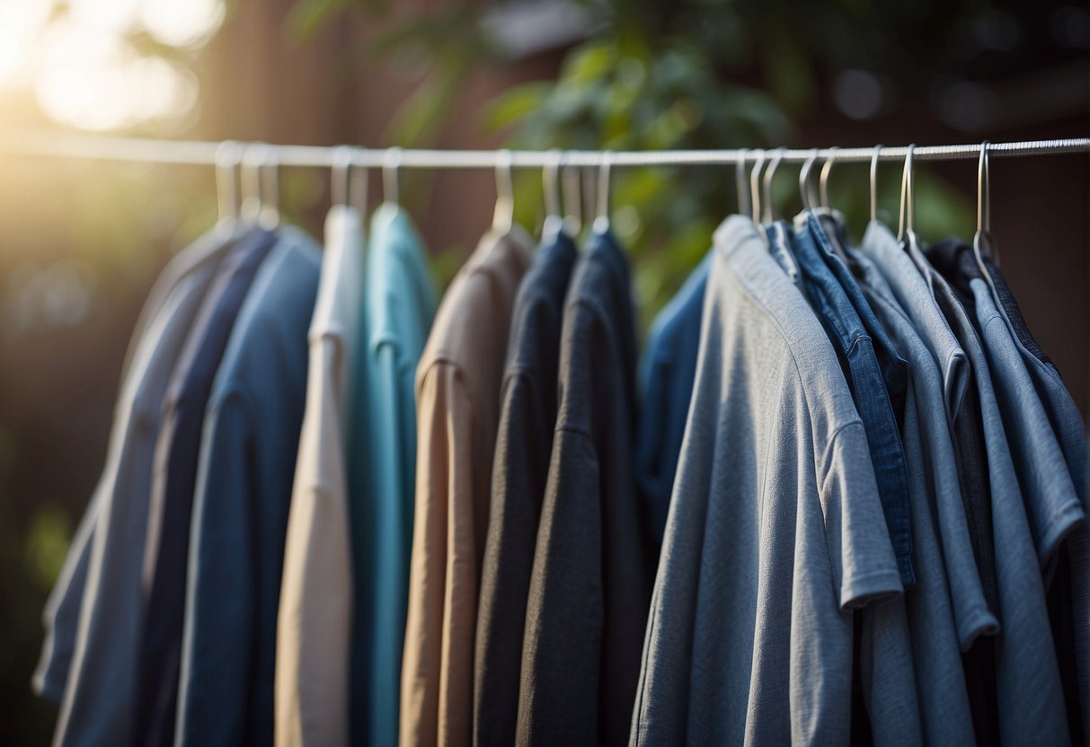 Clothes hanging on a drying rack, water dripping from them, a fan blowing to help speed up the drying process