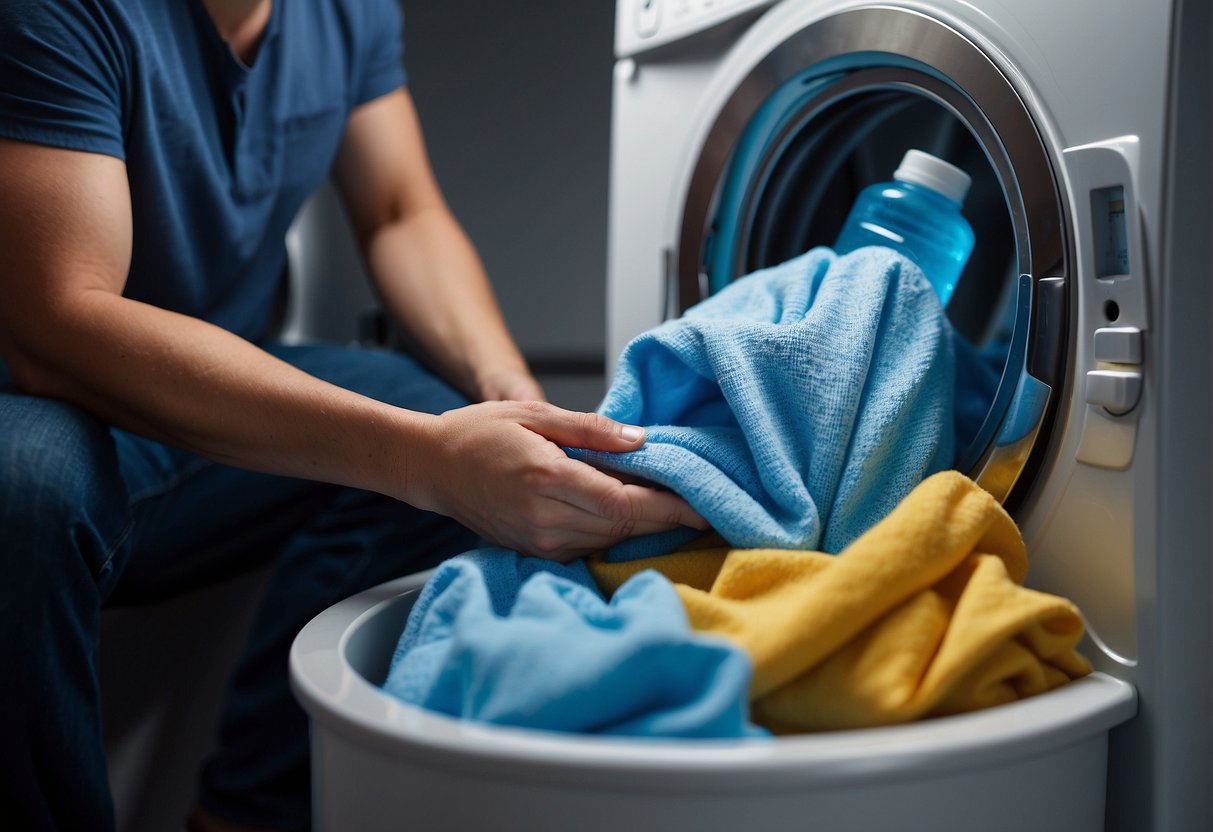 Soaked clothes sit in a washing machine, water dripping from them. A person looks puzzled, holding a laundry detergent bottle