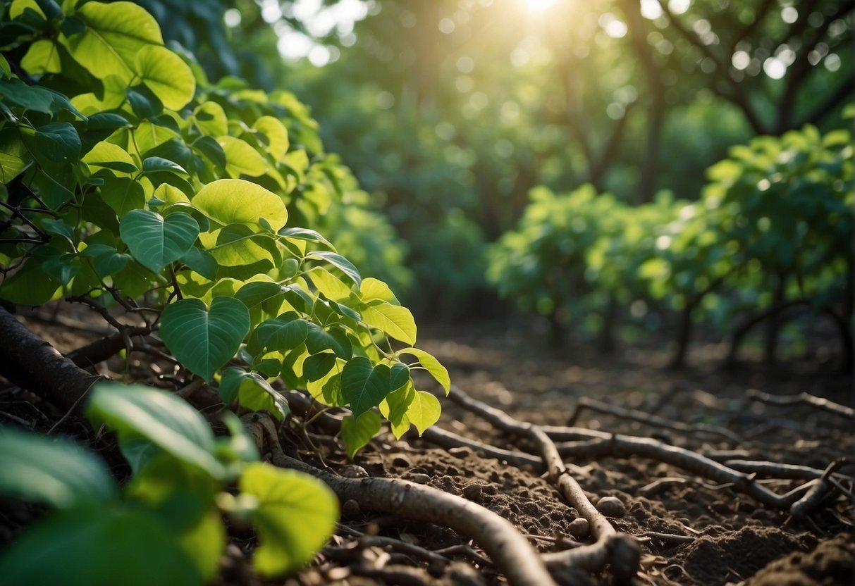 Cashew trees thrive in a lush, tropical environment, intertwined with poison ivy vines. The impact of their coexistence is evident in the dense, green landscape