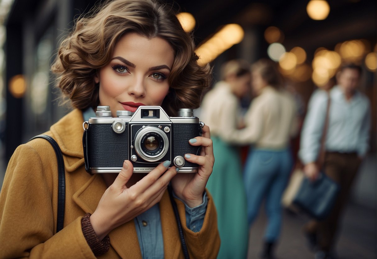 Fashion photography evolved post-WWII, influencing consumer behavior. Show a vintage camera, stylish clothing, and a magazine with before-and-after images