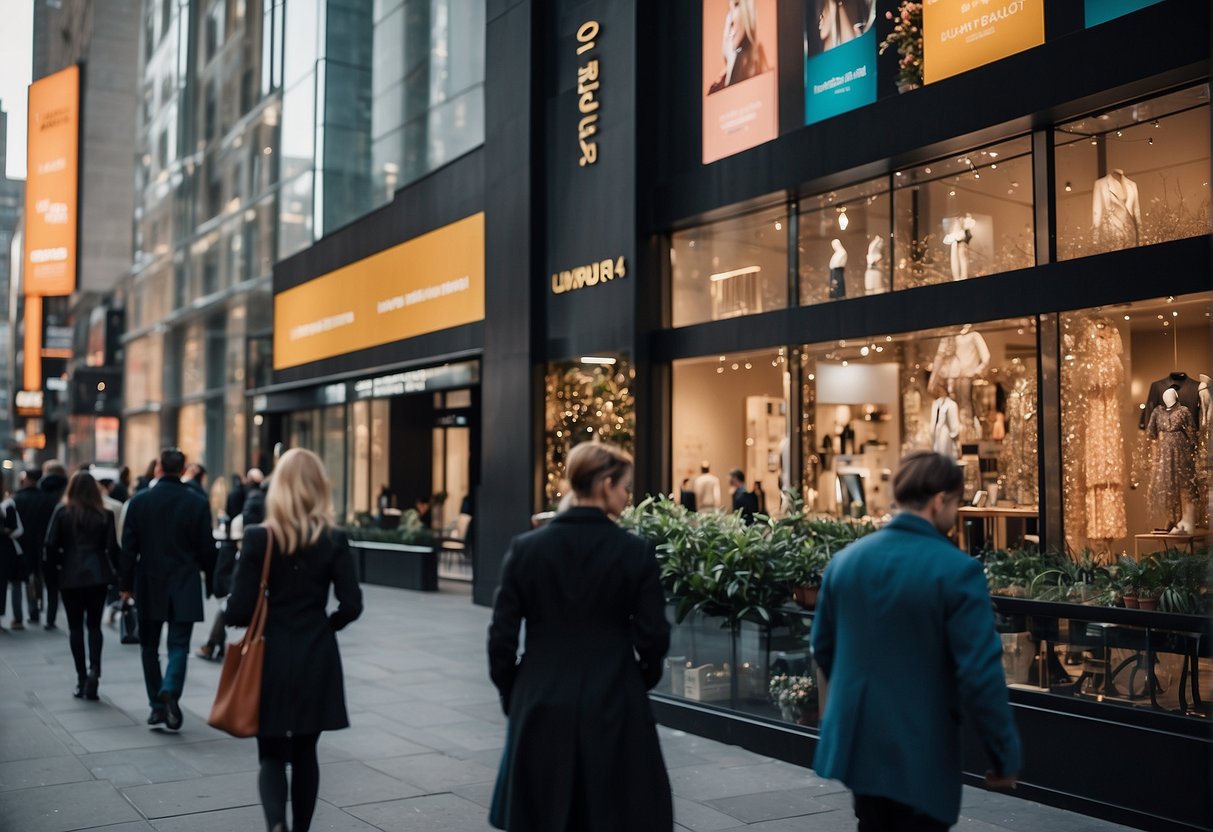 A bustling city street with glamorous billboards and storefronts, showcasing the latest fashion trends. Shoppers eagerly examine the displays, influenced by the allure of fashion photography