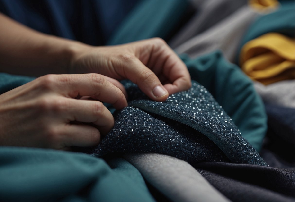A pile of clothing with visible fiberglass particles stuck to the fabric. A hand using tape to gently remove the fibers from the clothing