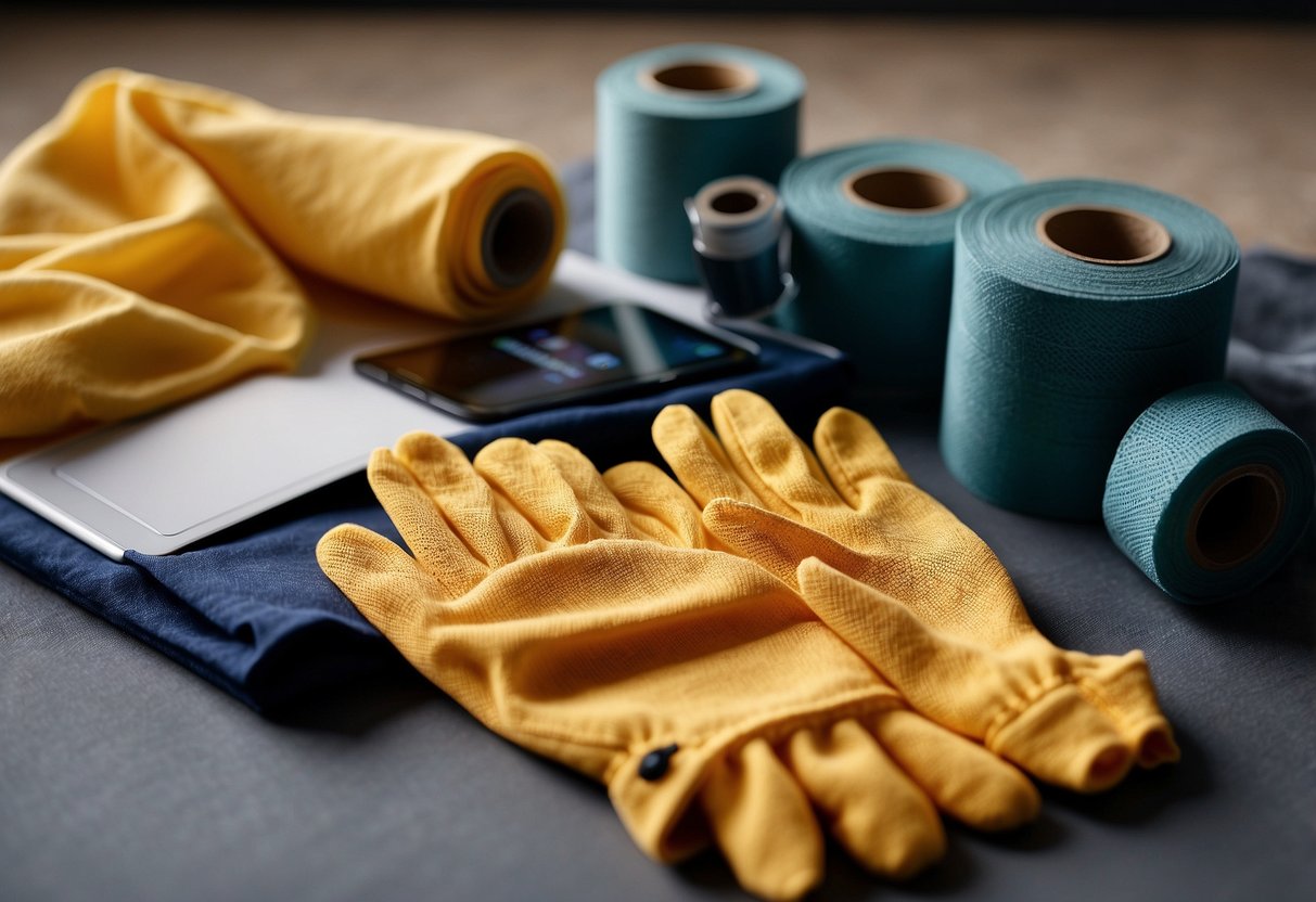 Clothes laid out on a flat surface, with a pair of gloves, a mask, and a roll of tape nearby. Fiberglass particles visible on the fabric