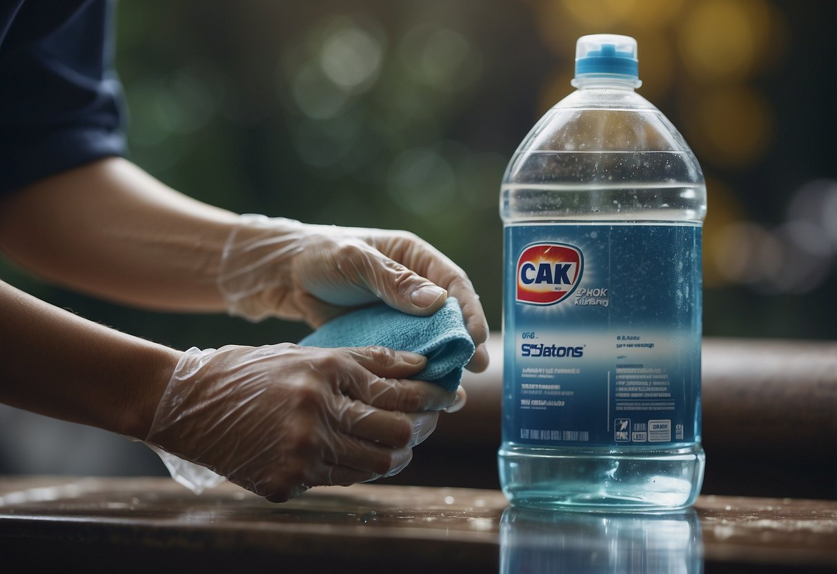 A hand holding a bottle of stain remover, spraying it on a stained piece of clothing. The clothing is then being gently scrubbed with a brush under running water