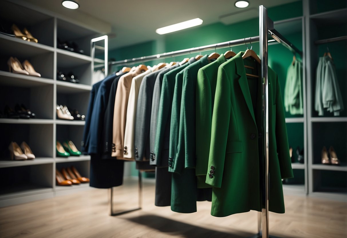 A wardrobe with green clothes for various occasions, paired with different colored accessories and shoes