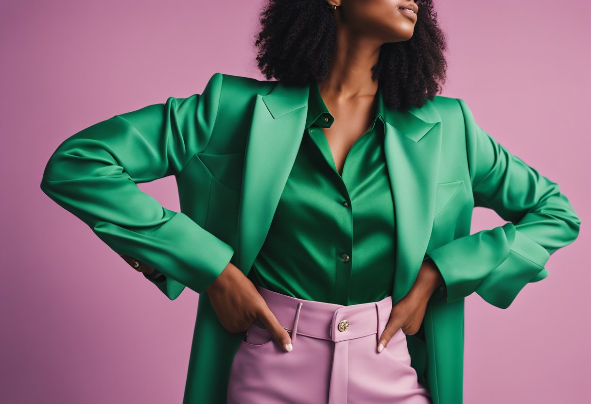 A forest green outfit against a backdrop of vibrant pastel colors, accentuating the boldness of the clothing