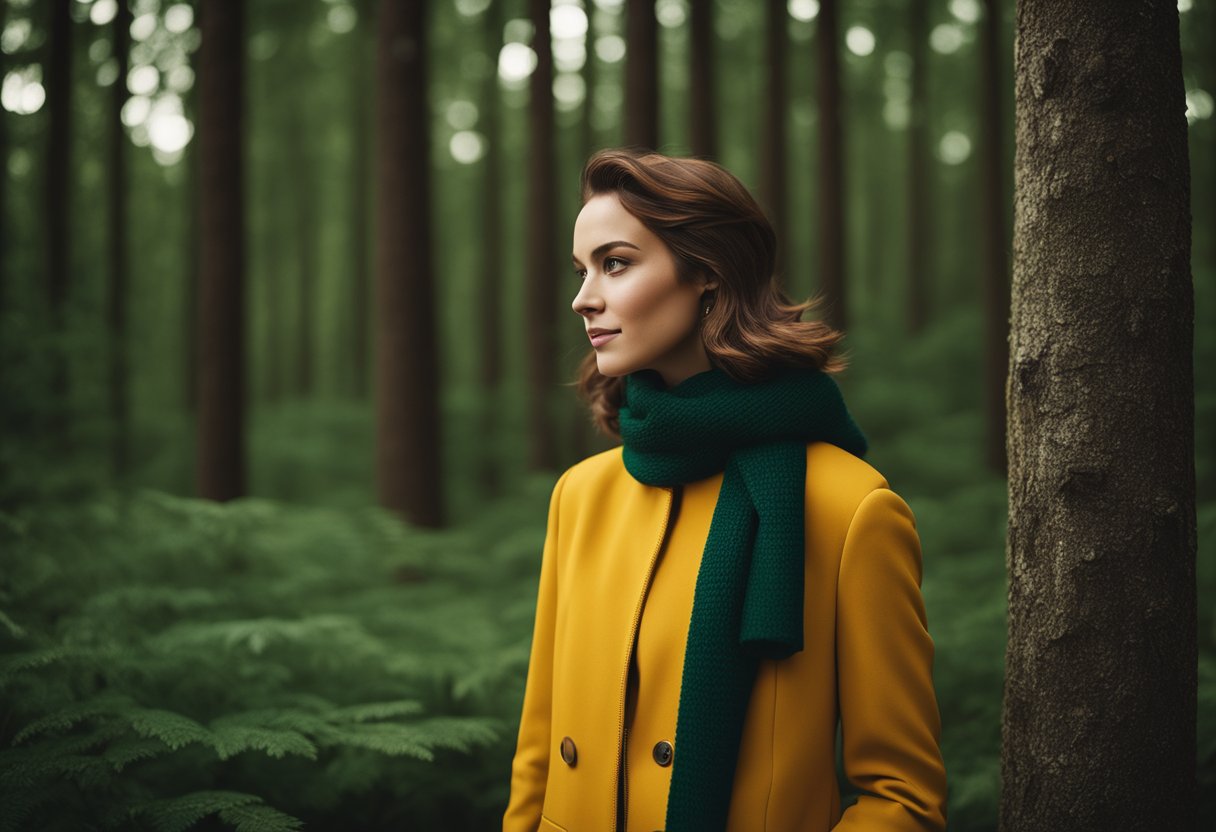 A forest green outfit surrounded by complementary colors like mustard yellow, burgundy, and navy blue