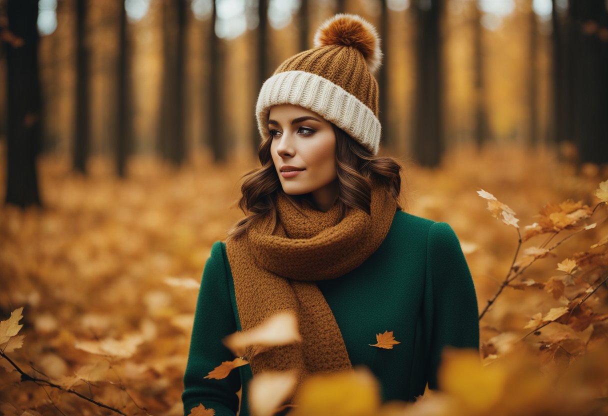 A forest green dress surrounded by autumn leaves, with a cozy scarf and hat in warm earth tones