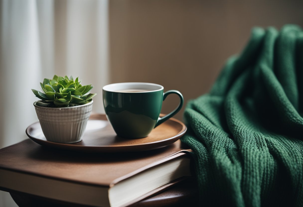 A forest green scarf draped over a chair, surrounded by a stack of books and a potted plant. A mug of hot tea sits nearby