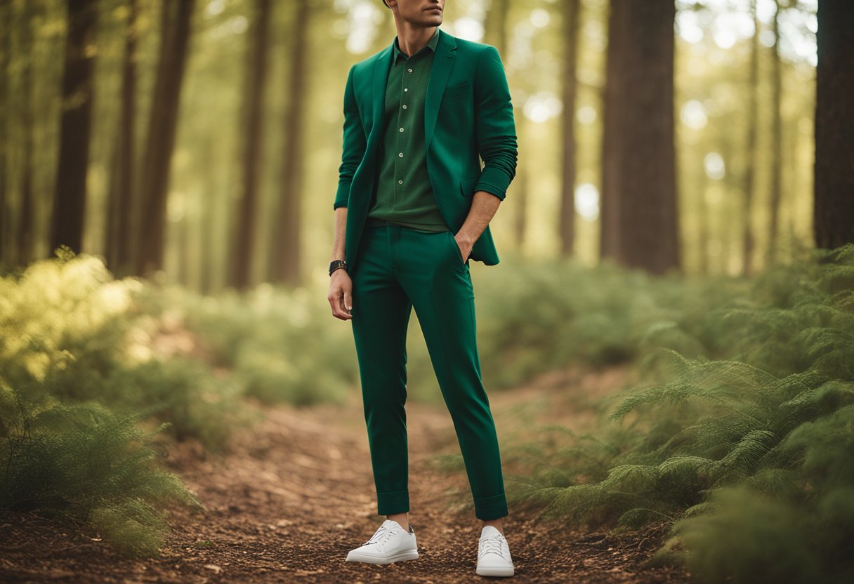 A forest green outfit surrounded by a palette of complementary colors like earthy browns, soft beiges, and rich burgundies