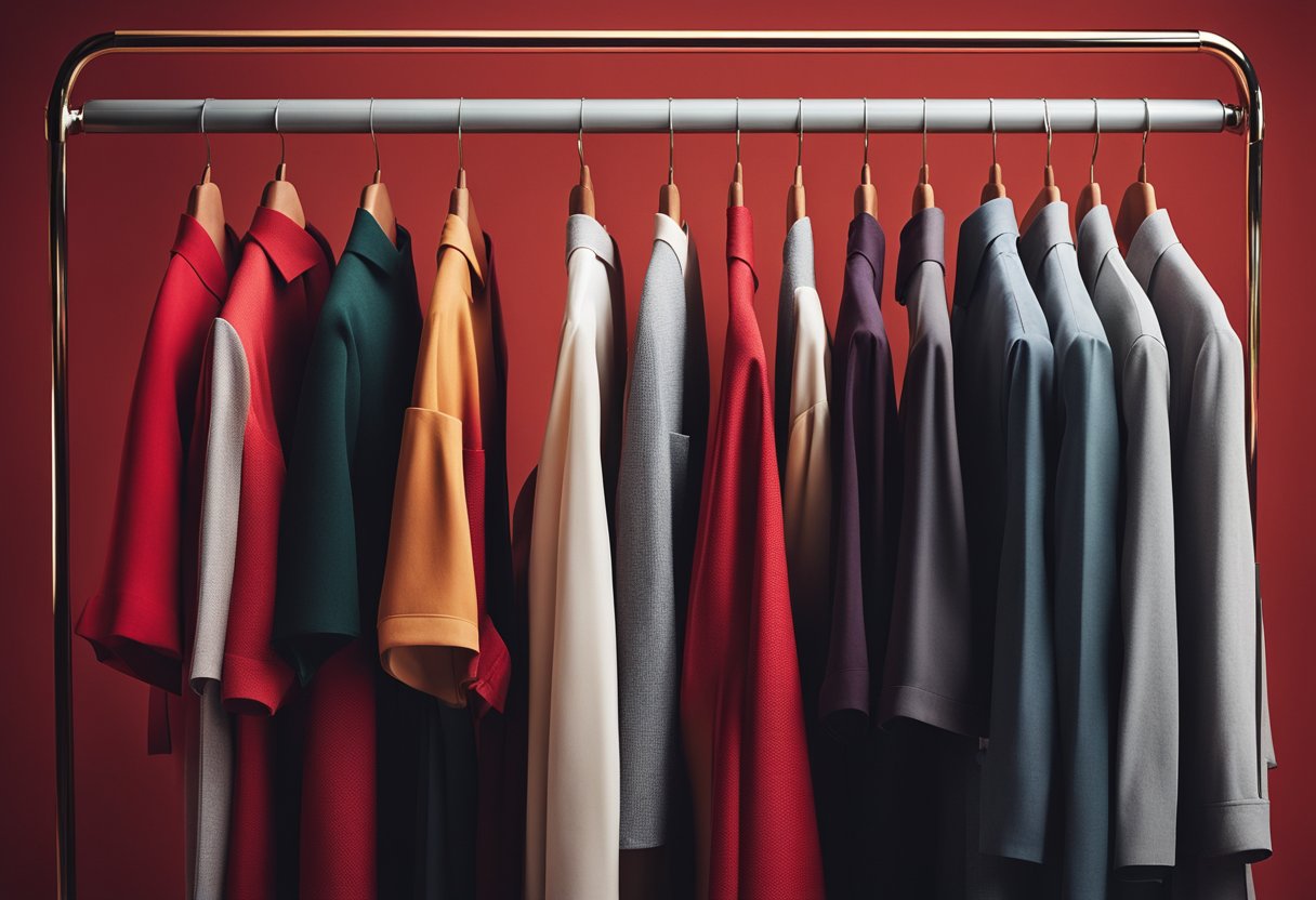 A red clothing rack surrounded by color swatches in various shades to match