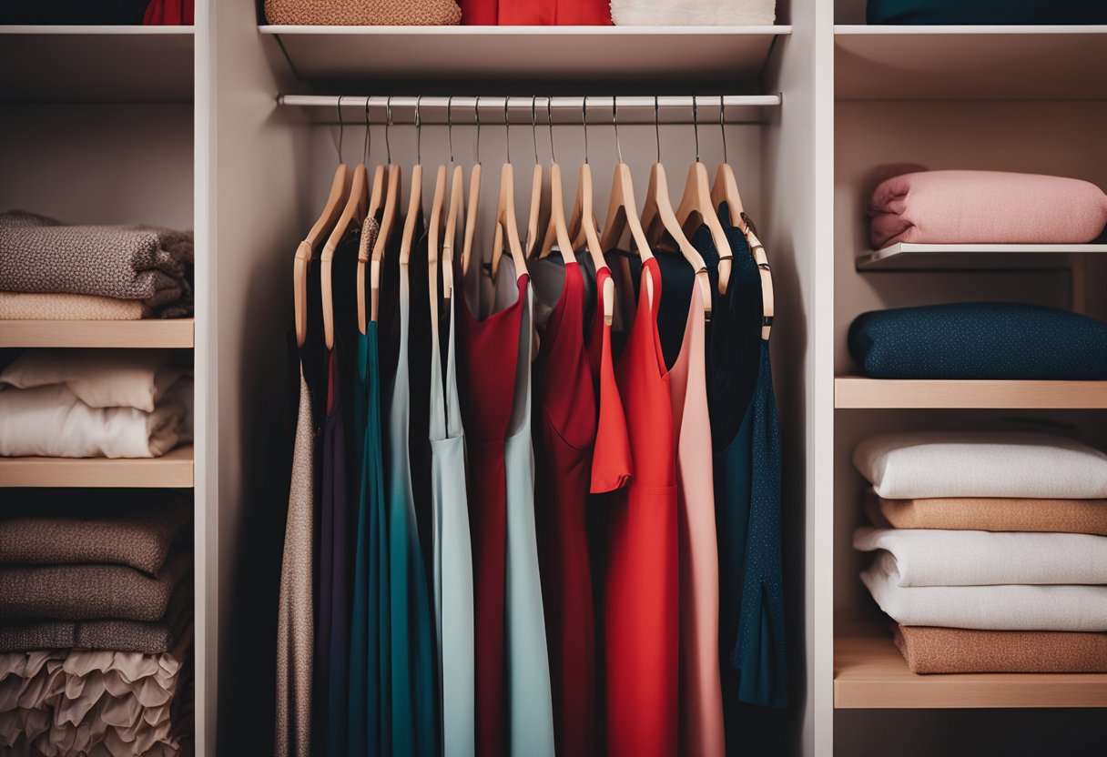 A red dress hangs in a closet, surrounded by a palette of complementary colors