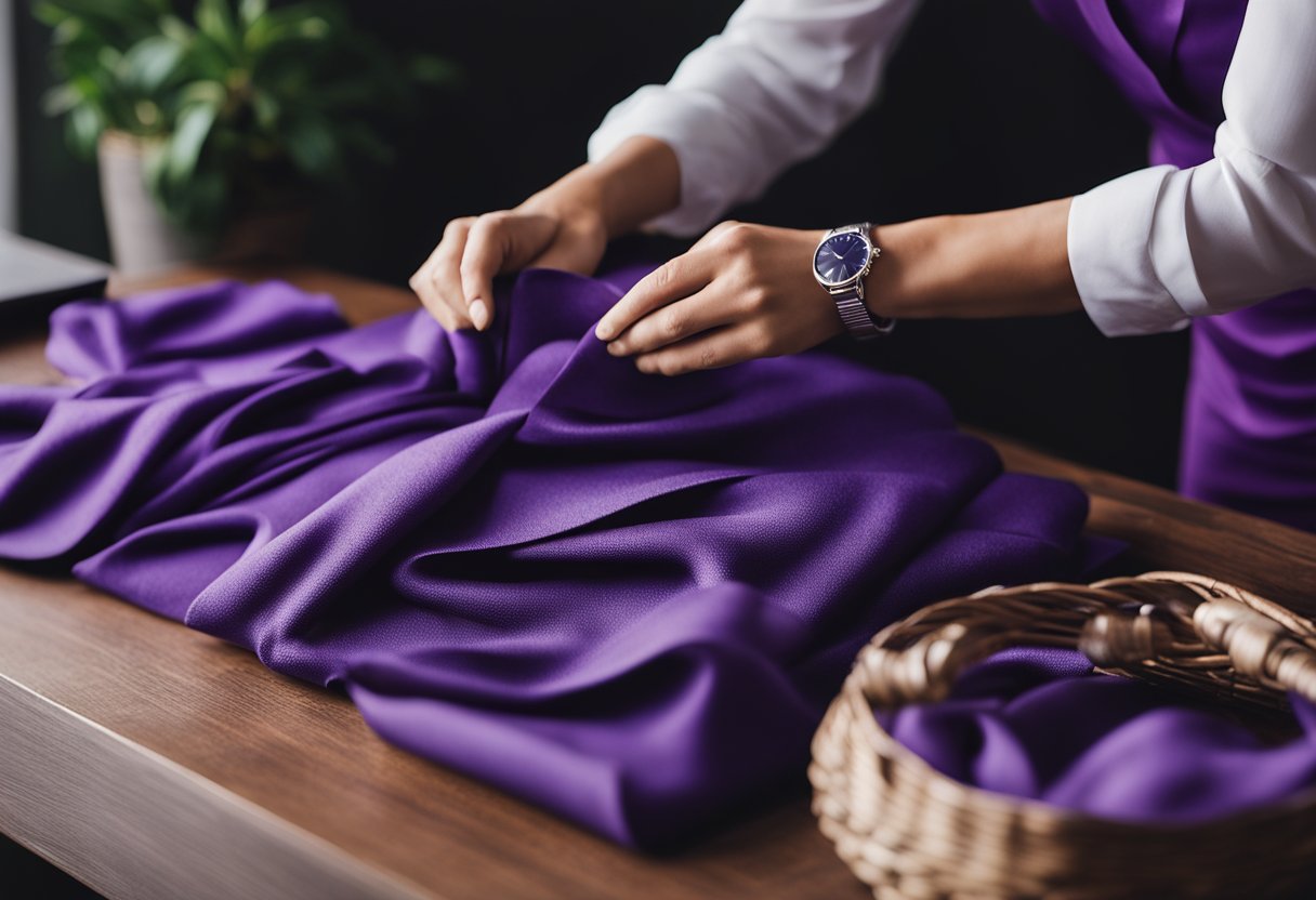 A woman arranging purple clothing with complementary colors on a wooden table