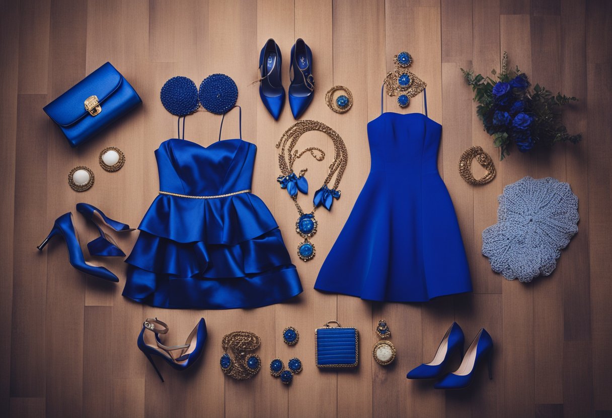 A royal blue dress surrounded by different colored accessories and shoes, representing various outfit genres