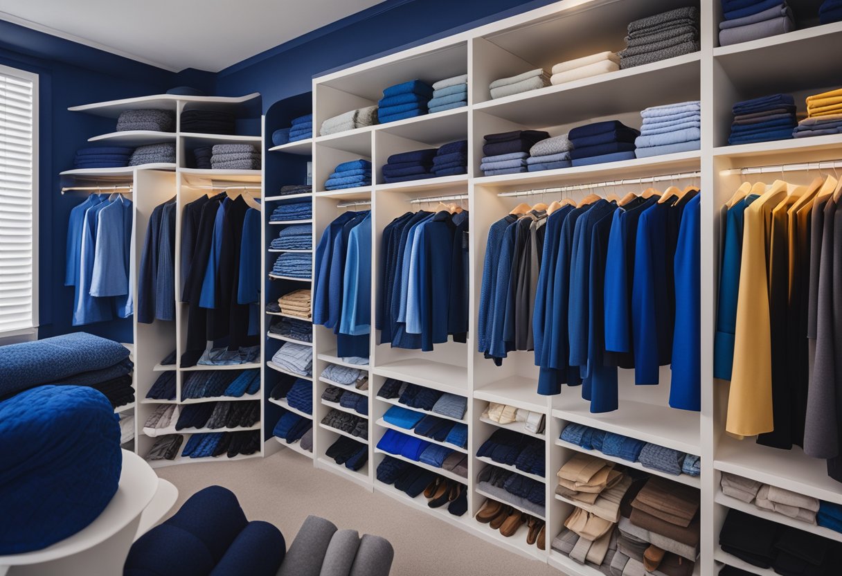 A closet filled with royal blue clothing surrounded by various color swatches and fabric samples