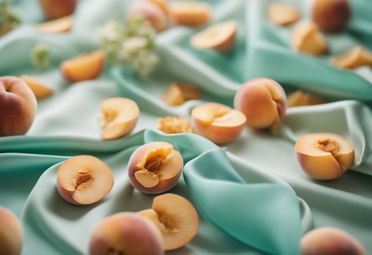 A peach dress surrounded by a palette of complementary colors: soft blues, mint greens, and warm neutrals