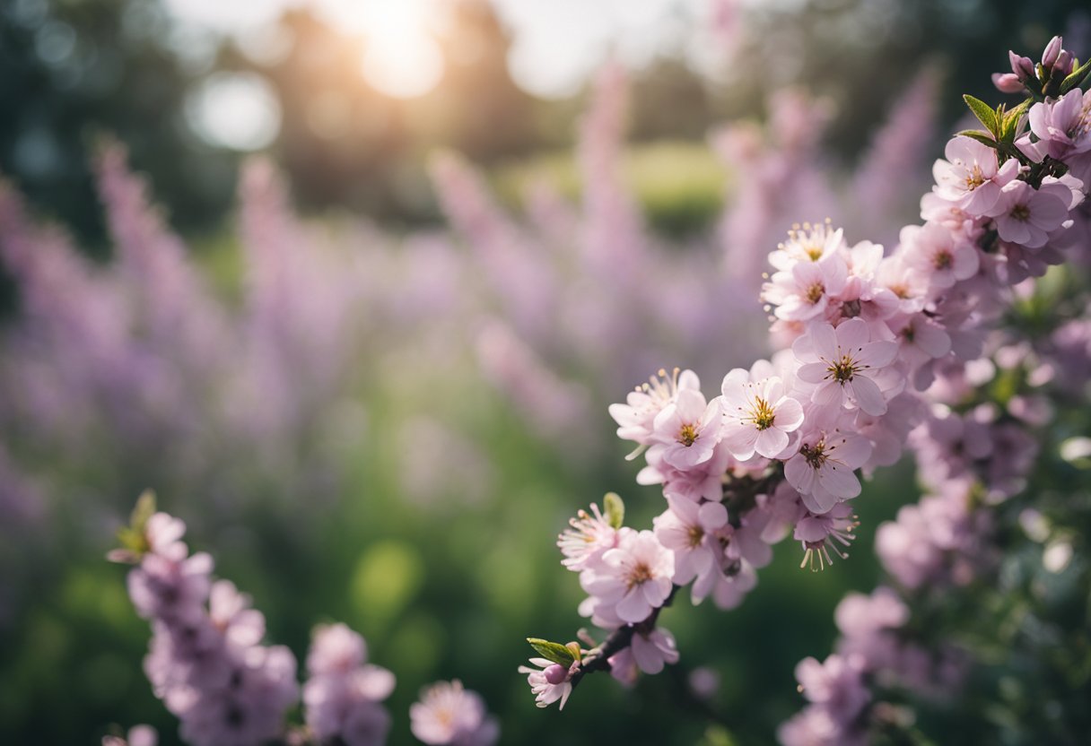 A serene garden with peach blossoms, surrounded by soft lavender and mint green foliage