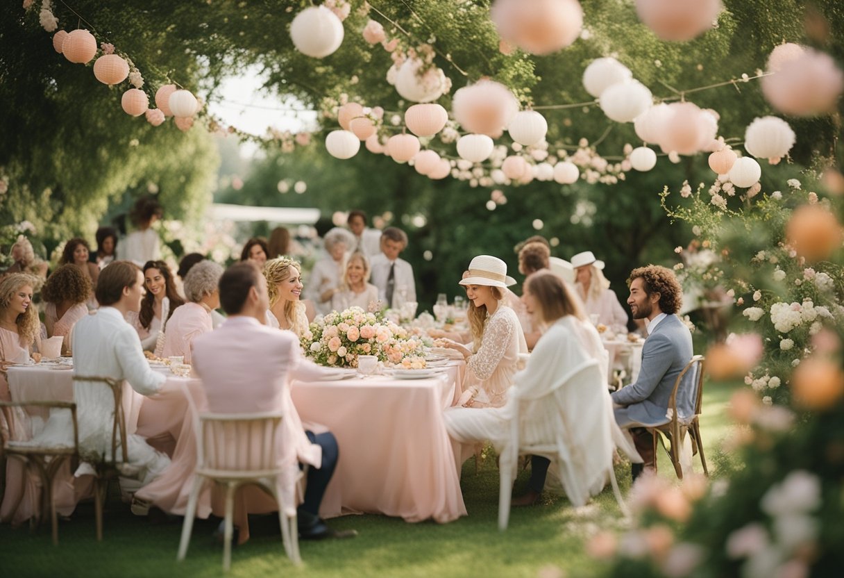 A garden party with peach flowers, pastel tablecloths, and guests in soft pink and cream attire
