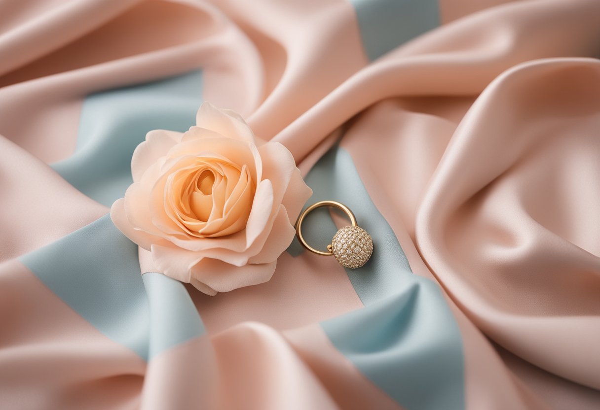 A peach dress surrounded by a palette of complementary colors like soft pinks, light blues, and muted yellows. Accessories in gold and white are laid out nearby