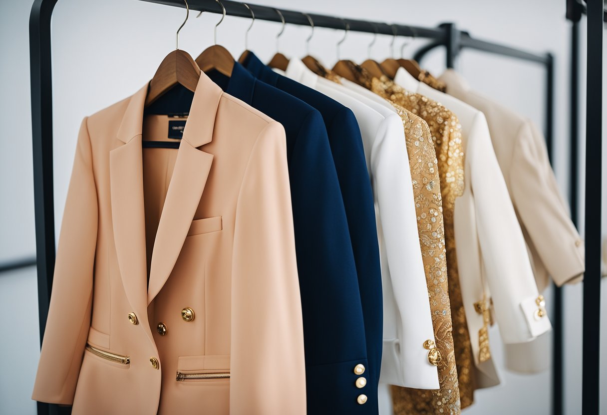 A peach blouse paired with a navy blue blazer, white pants, and gold accessories on a sleek clothing rack