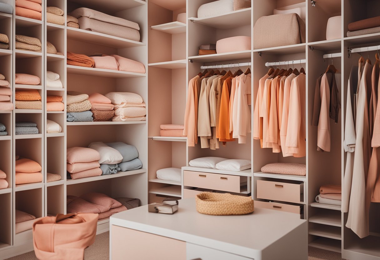 A closet filled with peach clothes surrounded by color swatches