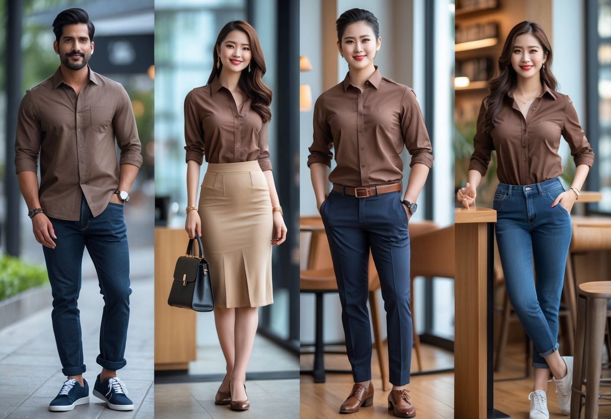 Four adults wearing brown shirts styled differently for casual, office, formal, and relaxed settings, shown in separate environments side by side.