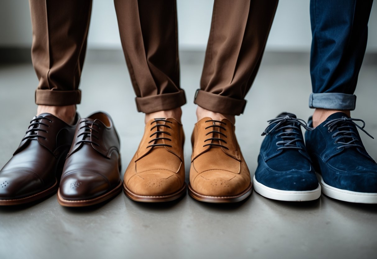 Close-up of a person's lower legs wearing brown pants with three different pairs of shoes: dark brown leather dress shoes, tan suede loafers, and navy blue sneakers on a neutral floor.