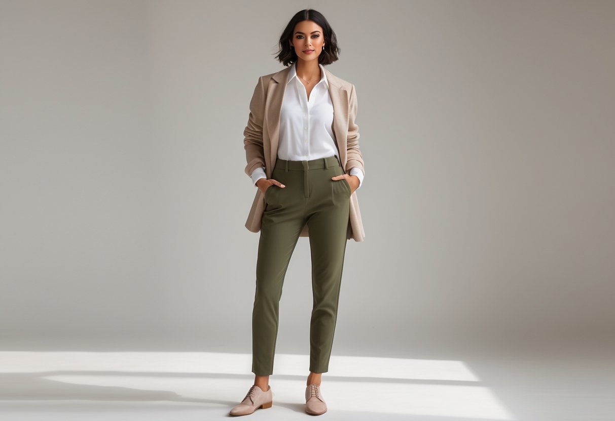 A person wearing olive green pants paired with different tops including a white shirt, beige sweater, and navy blouse, standing against a plain background.