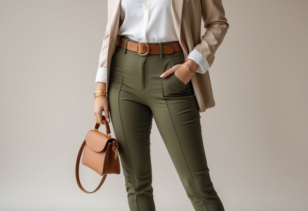 Person wearing olive green pants paired with a white blouse, beige blazer, brown belt, handbag, and tan ankle boots.