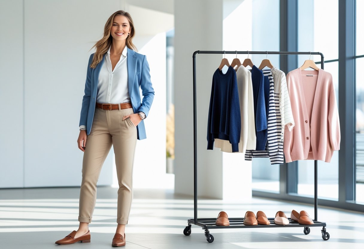 A woman standing indoors wearing beige pants and a white blouse with a blue blazer, next to a clothing rack showing different tops that go with beige pants.