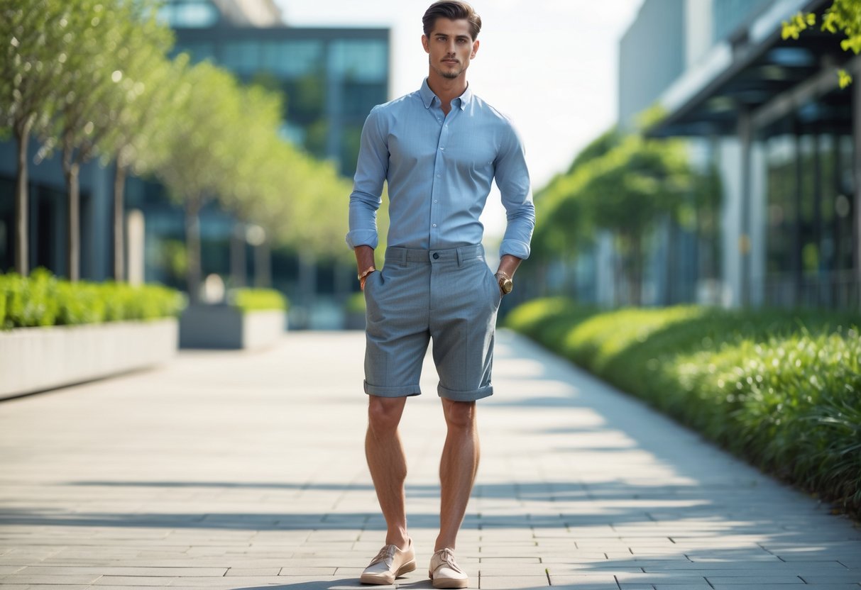 A person wearing a long sleeve shirt and shorts standing outdoors on a sunny day.