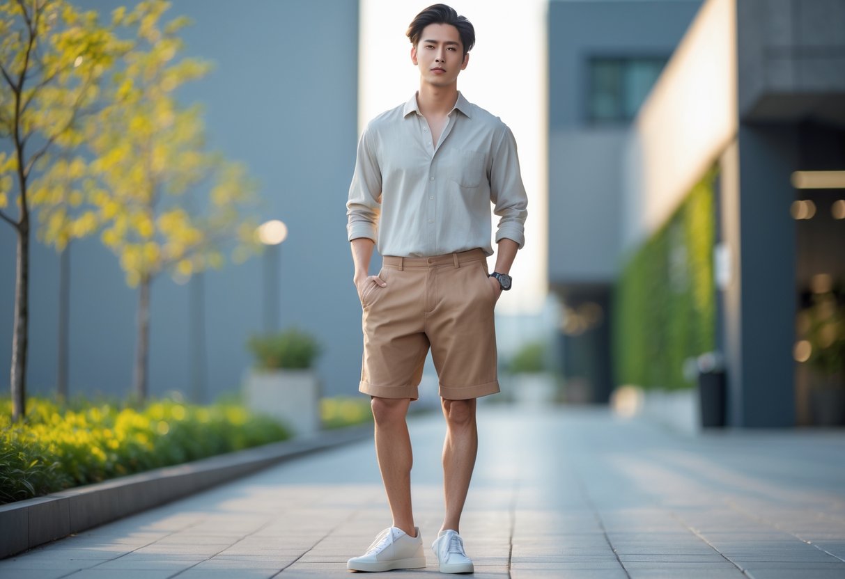 A person standing outdoors wearing a long sleeve shirt and shorts in a city setting.