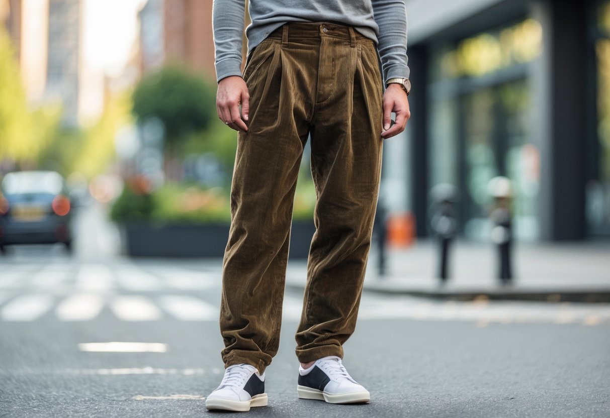 A person standing confidently on a city street wearing corduroy pants and a casual top.