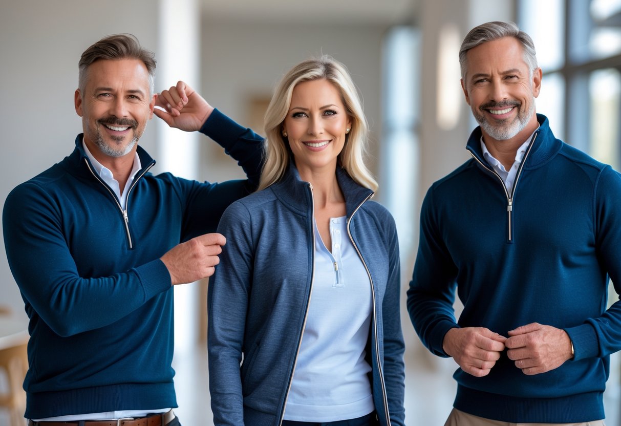 Three adults demonstrating different ways to wear a quarter zip sweater indoors.
