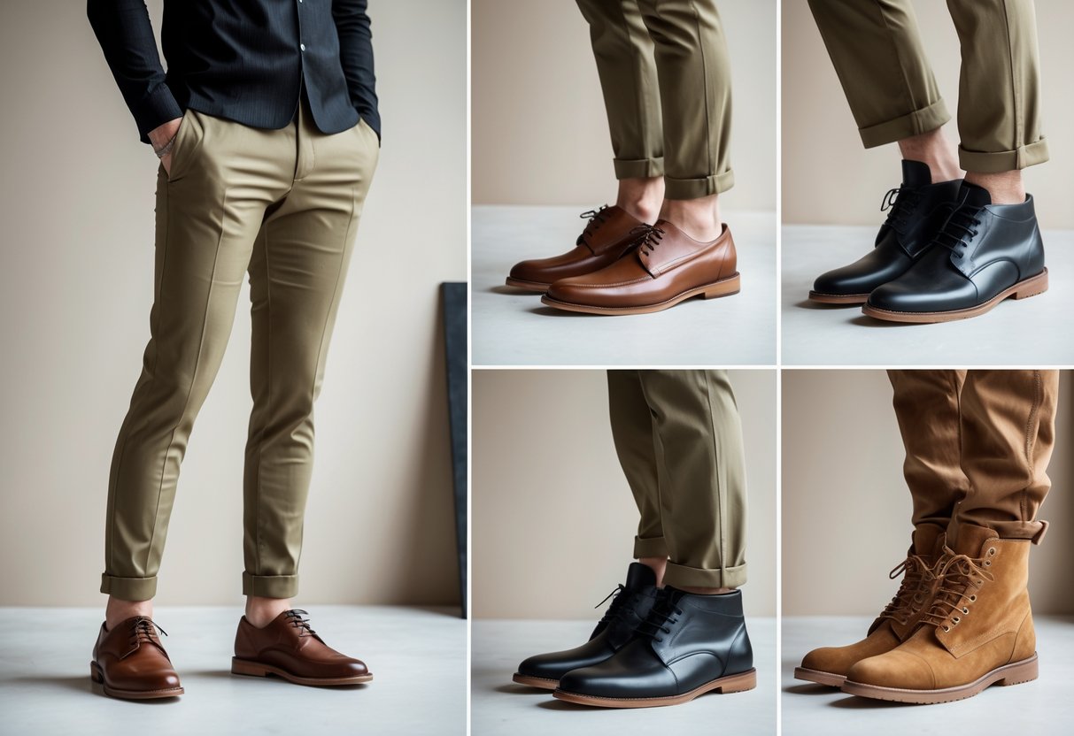 A person wearing khaki pants paired with different types and colors of shoes, including brown loafers, black dress shoes, white sneakers, and tan boots, displayed against a neutral background.