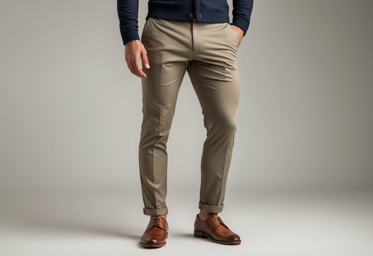 A person wearing khaki pants and brown leather shoes standing against a plain background.