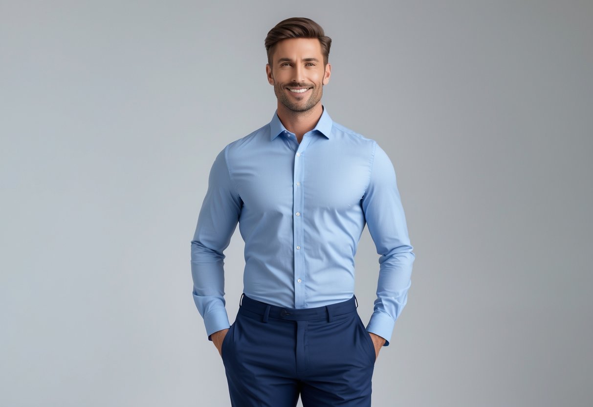 A man standing wearing navy blue pants and a light blue shirt against a plain background.
