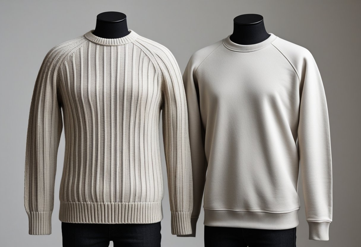 Two clothing items side by side, a knitted sweater and a cotton sweatshirt, displayed clearly for comparison.