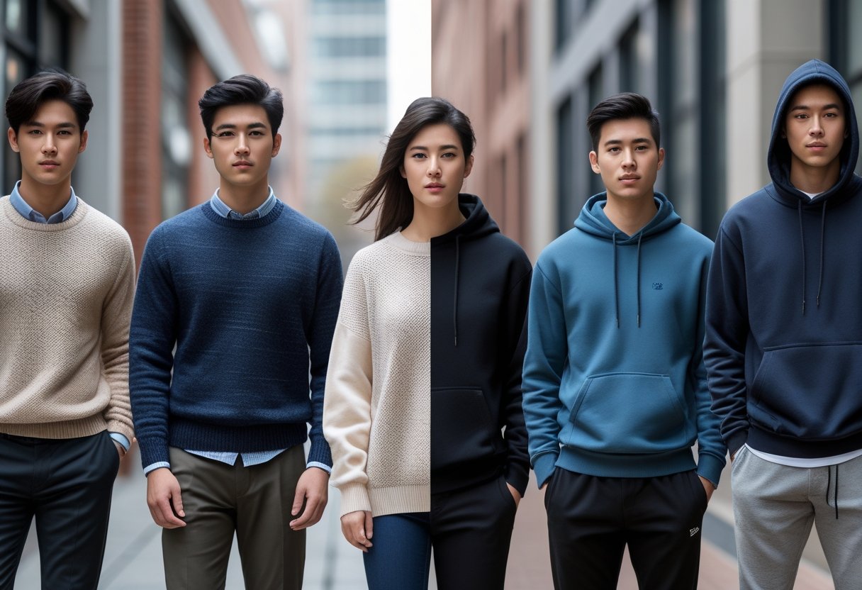 A group of young adults standing outdoors wearing sweaters and hoodies, with city buildings in the background.